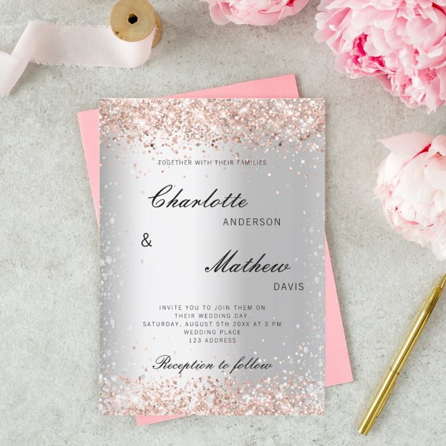 Invitación Boda formal del guión dorado rosa plateado (Subido por el creador)