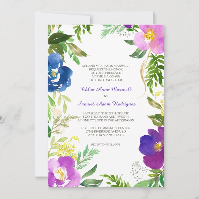 Invitación Boda formal del Jardín Violeta Azul (Anverso)