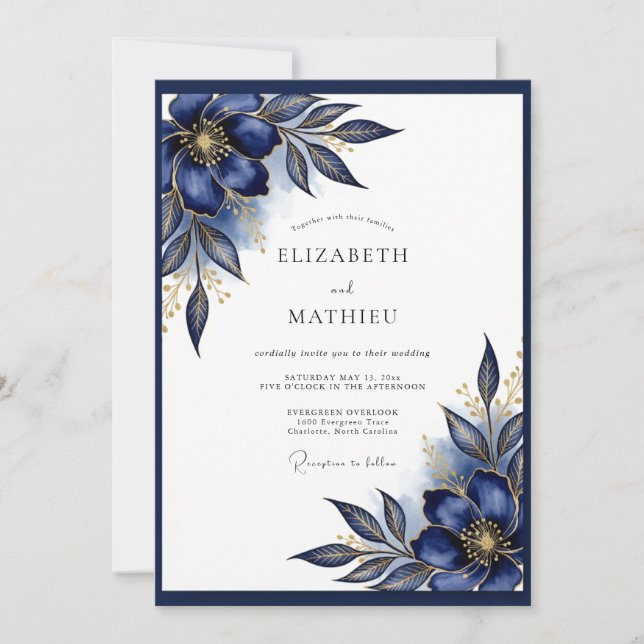 Invitación Boda Formal Dorada Azul Marino (Anverso)