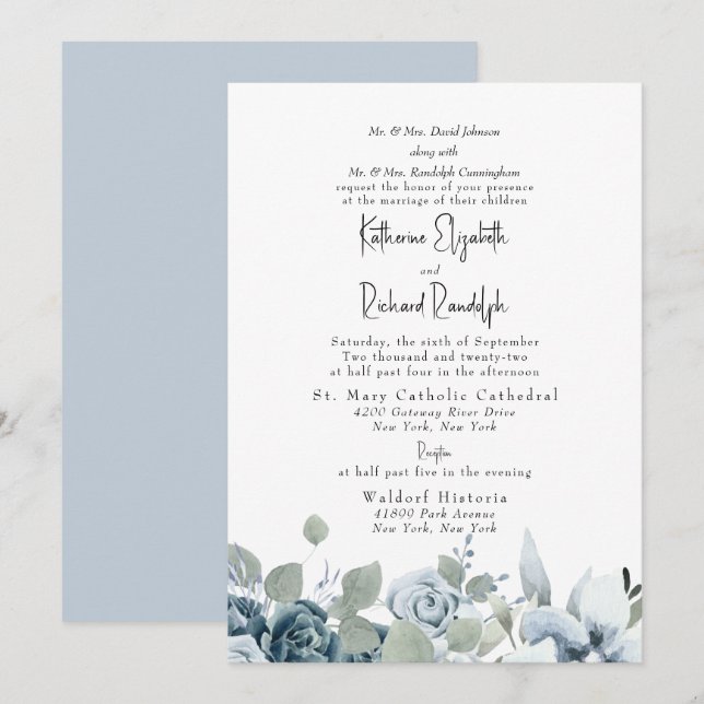 Invitación Boda formal Dusty Blue Floral Elegante (Anverso / Reverso)