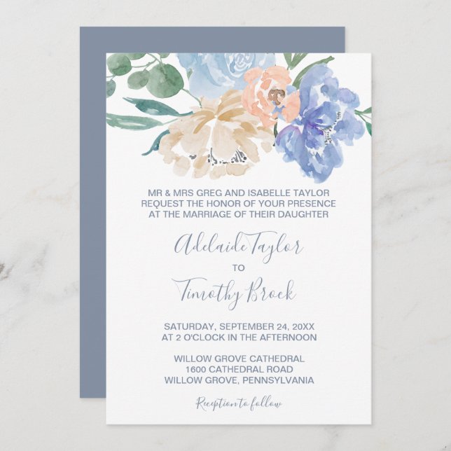 Invitación Boda formal Dusty Blue Florals (Anverso / Reverso)