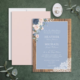 Invitación Boda formal Dusty Blue Rubor Rustic Wood Lace