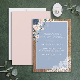Invitación Boda formal Dusty Blue Rubor Rustic Wood Lace