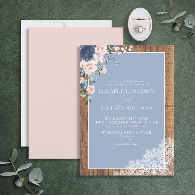 Invitación Boda formal Dusty Blue Rubor Rustic Wood Lace (Subido por el creador)
