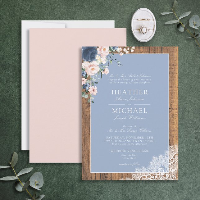 Invitación Boda formal Dusty Blue Rubor Rustic Wood Lace (Subido por el creador)