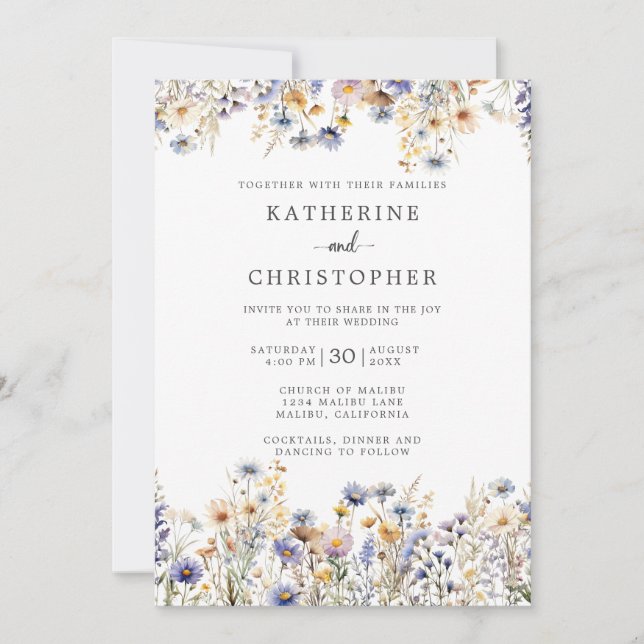 Invitación Boda formal Dusty Blue Wildflowers (Anverso)