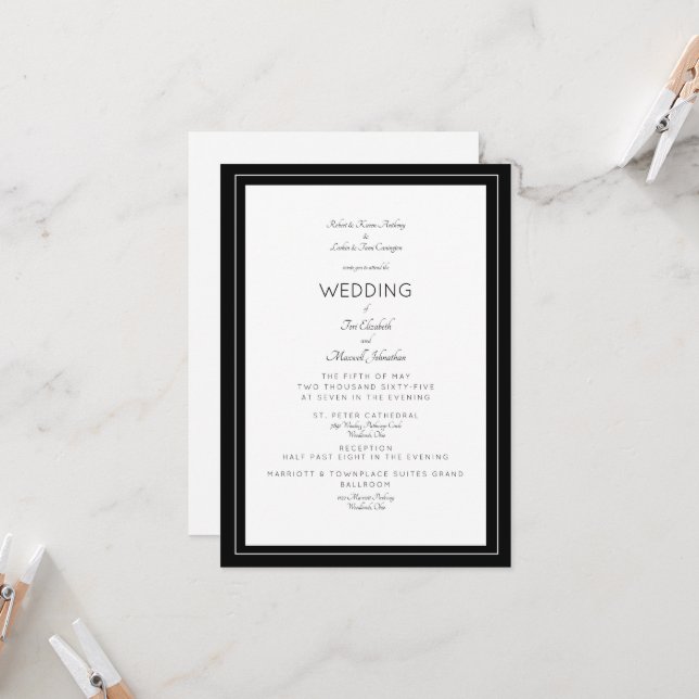 Invitación Boda Formal Elegante Ambos Conjuntos Padres B/N (Anverso/Reverso In Situ)