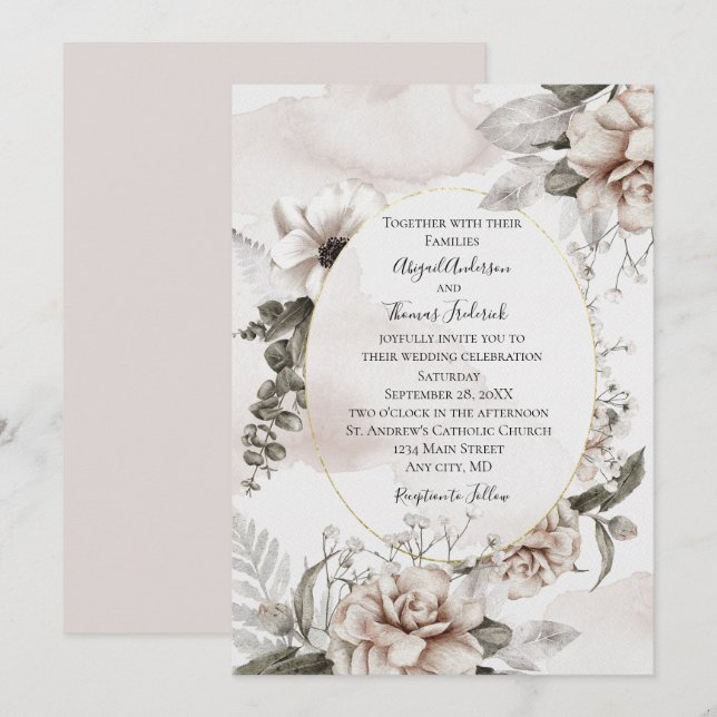 Invitación Boda formal elegante botánico floral rosa (Anverso / Reverso)