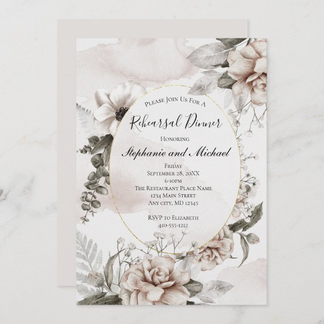 Invitación Boda formal elegante botánico floral rosa (Anverso / Reverso)