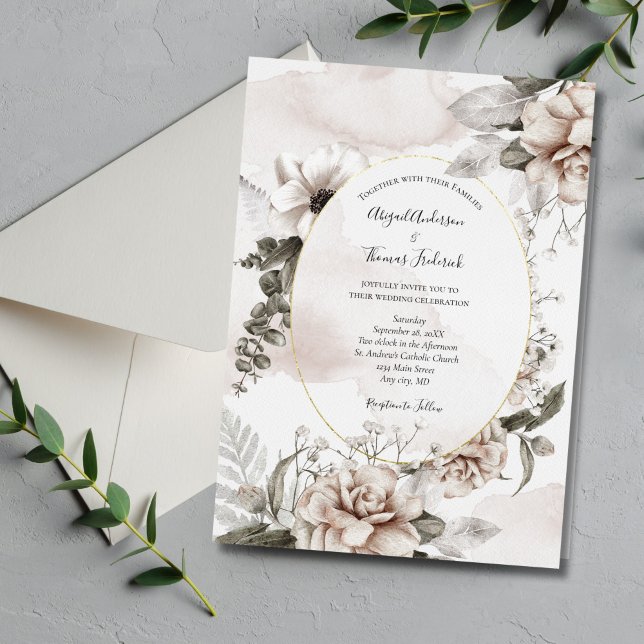 Invitación Boda formal elegante botánico floral rosa (Blush Pink Gray Floral Watercolor Wedding Invitation. Elegant and Classic.)