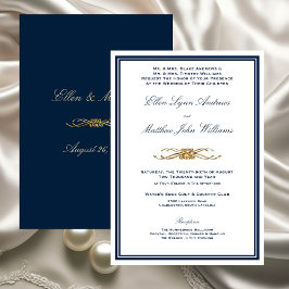 Invitación Boda Formal Elegante de Azul Marino y Dorado
