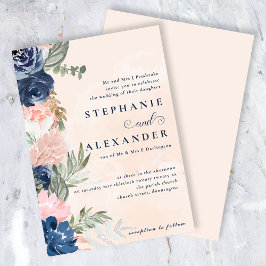 Invitación Boda formal elegante de color rosa y flor azul