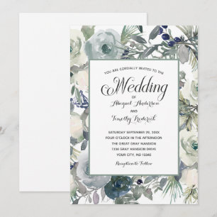 Invitación Boda formal elegante de floral blanca azul verde