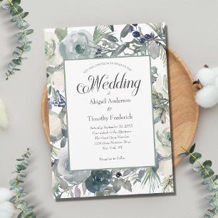 Invitación Boda formal elegante de floral blanca azul verde
