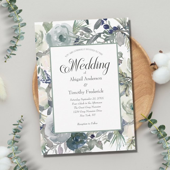 Invitación Boda formal elegante de floral blanca azul verde (Subido por el creador)