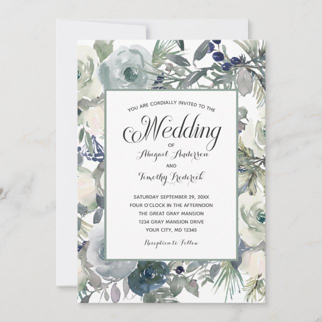 Invitación Boda formal elegante de floral blanca azul verde (Anverso)