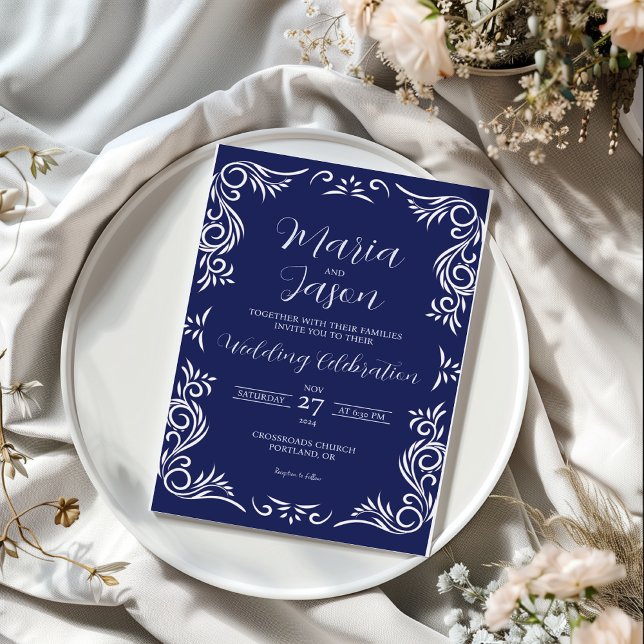 Invitación Boda Formal Elegante de la Marina Azul (Mexican Navy Blue Vintage Formal Elegant Wedding Invitation)
