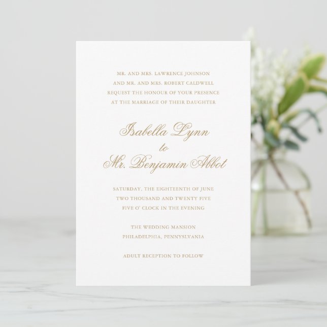 Invitación Boda formal elegante de oro tradicional (Anverso de pie)