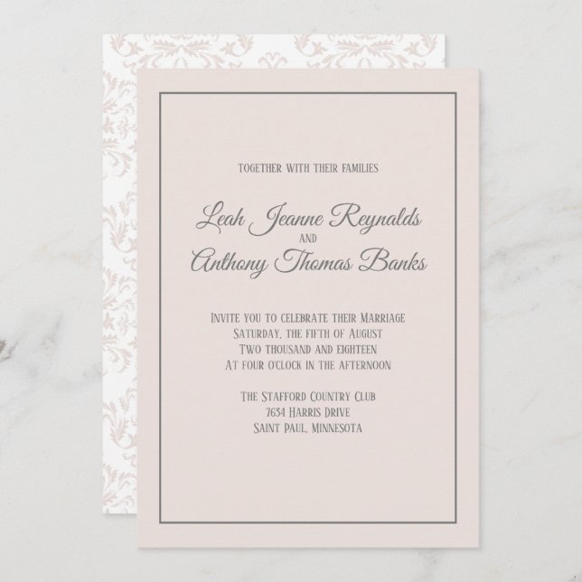 Invitación Boda formal elegante de Rubor y Gray Damask (Anverso / Reverso)