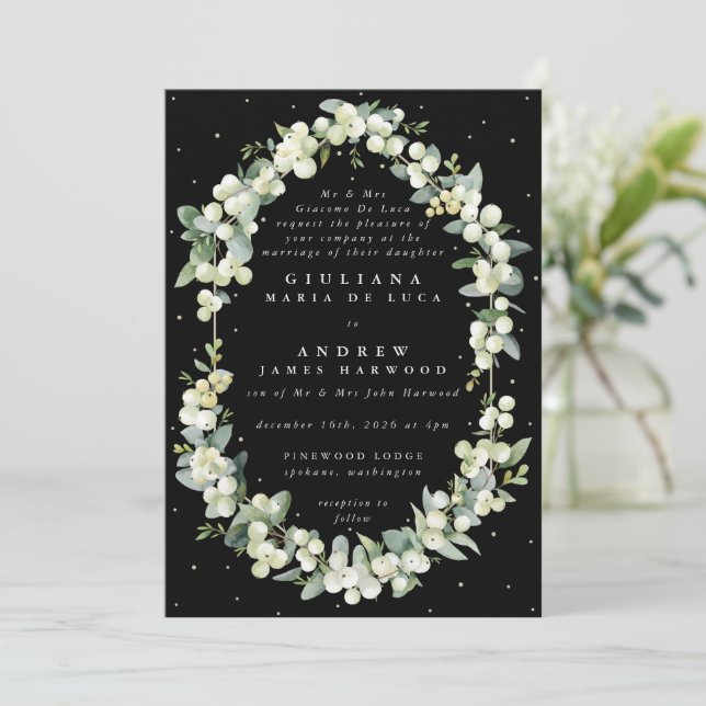 Invitación Boda Formal Elegante de Snowberry+Eucalipto Negro (Anverso de pie)