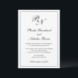 Invitación Boda formal elegante monograma tradicional<br><div class="desc">Invitación tradicional a la boda en blanco y negro clásico con un diseño sencillo con su monograma inicial y sus nombres en una caligrafía elegante dentro de un borde delgado. El trasero es negro sólido. Este elegante diseño es perfecto para un boda formal.</div>