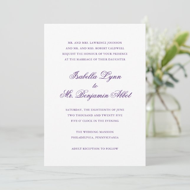 Invitación Boda formal elegante tradicional púrpura (Anverso de pie)