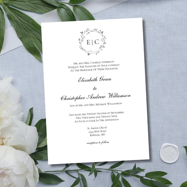 Invitación Boda Formal Elegante Tradicional Sencilla con Mono (Elegant Monogram Laurel Wreath Traditional Formal Classic Black White  Minimalist Wedding Invitation)
