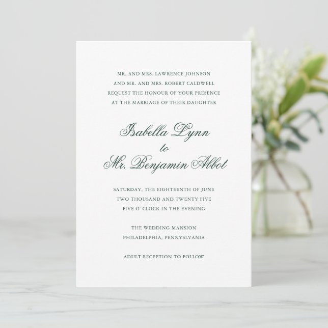 Invitación Boda formal elegante tradicional verde forestal (Anverso de pie)