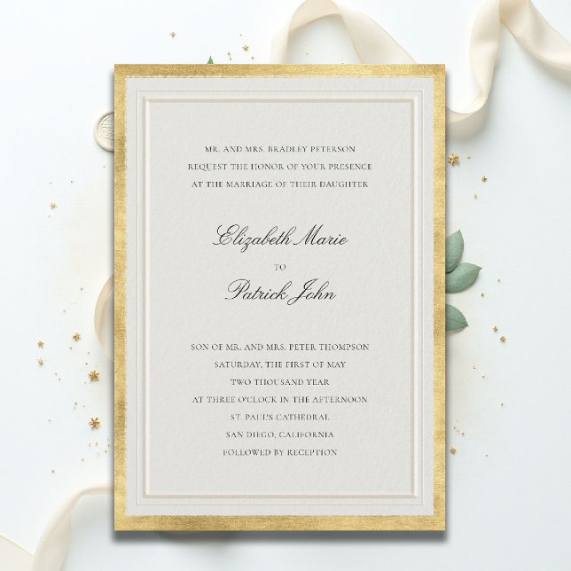 Invitación Boda Formal Elevada Clásica Moderna en Ecru Dorado (formal traditional wedding invitation modern classic double frame ballroom gold ecru black white)