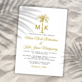 Invitación Boda formal en la playa de palmeras doradas monogr