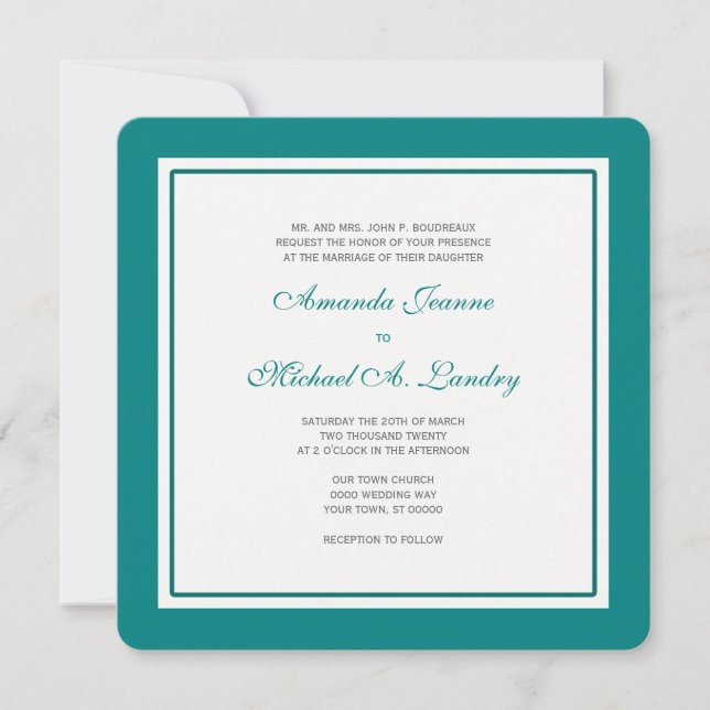 Invitación Boda formal Fleur de Lis Damask Verde azulado y bl (Anverso)