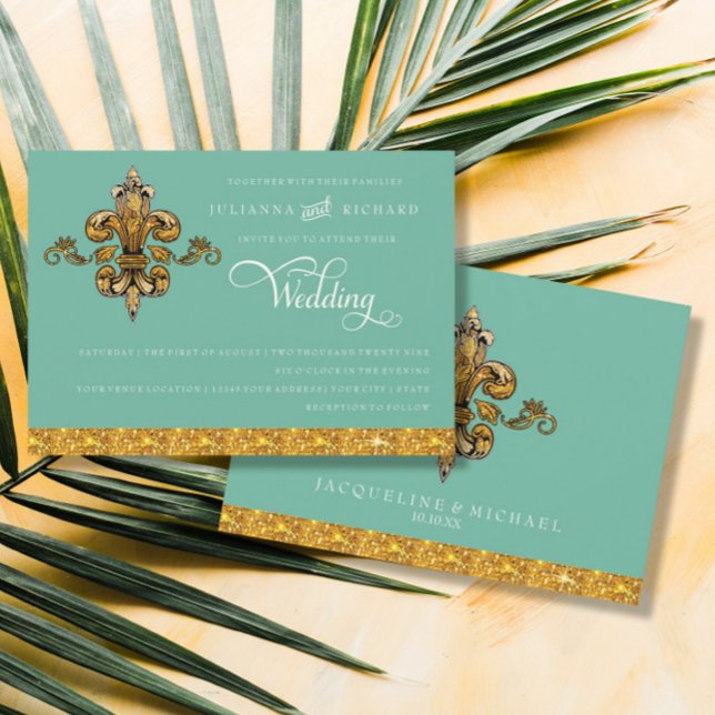 Invitación Boda formal Fleur de Lis Gold Turquoise Aqua (Subido por el creador)