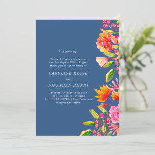 Invitación Boda Formal Floral Acuarela Azul Rosa Naranja