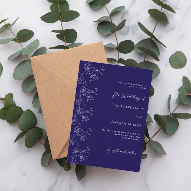 Invitación Boda formal floral azul oscuro (Subido por el creador)