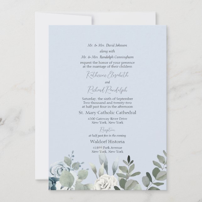 Invitación Boda Formal Floral Azul Polvoriento de Ambos Padre (Anverso)