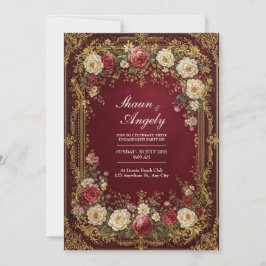 Invitación Boda Formal Floral Borgoña Dorada Antigua