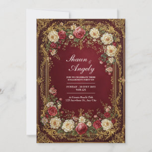 Invitación Boda Formal Floral Borgoña Dorada Antigua