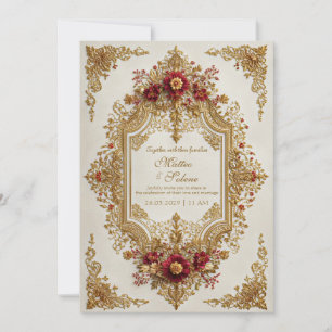 Invitación Boda Formal Floral Borgoña Dorada Antigua