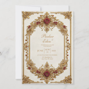 Invitación Boda Formal Floral Borgoña Dorada Antigua