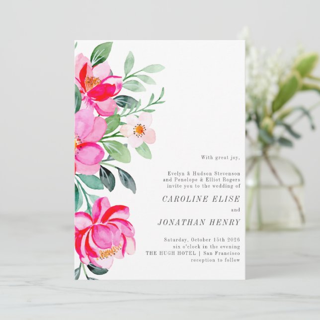 Invitación Boda formal floral de acuarela rosa brillante (Anverso de pie)