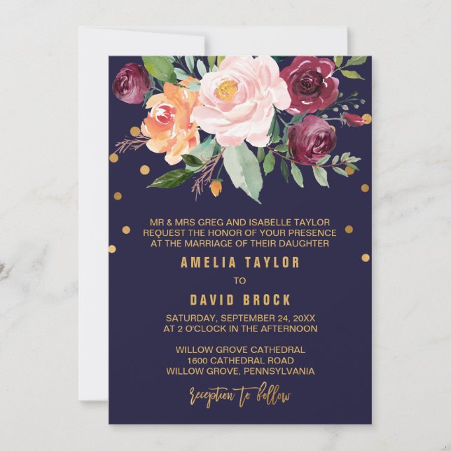 Invitación Boda formal floral de otoño (Anverso)