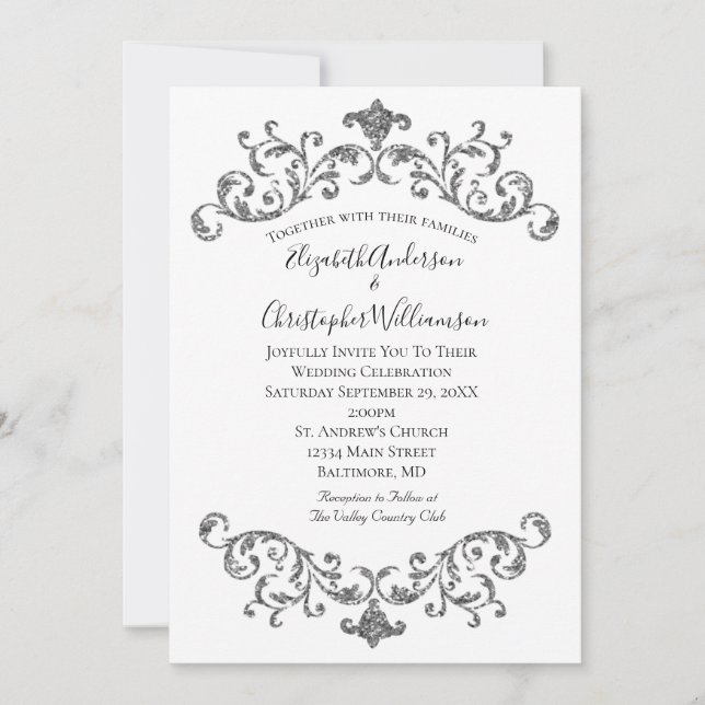 Invitación Boda Formal Floreada Ornata Plata Negro Blanco (Anverso)
