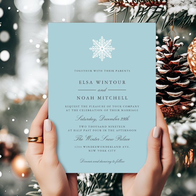 Invitación Boda formal foto de invierno azul con copo de niev (Subido por el creador)