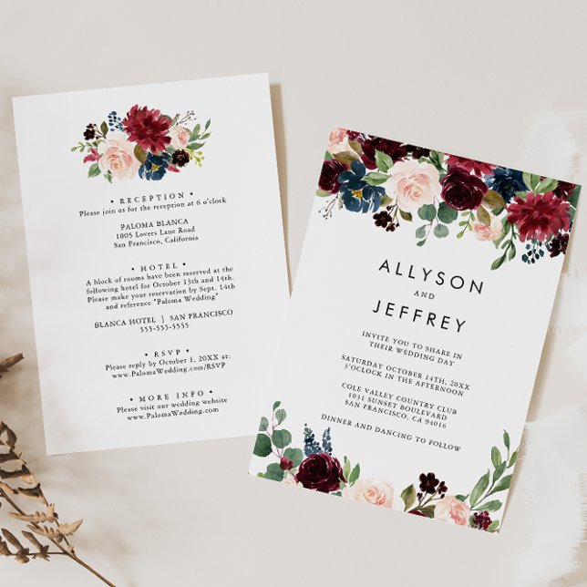 Invitación Boda formal frente y espalda de Borgoña rústica (Subido por el creador)