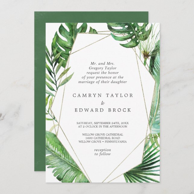 Invitación Boda formal geométrico de palma tropical salvaje (Anverso / Reverso)