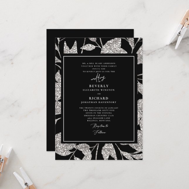 Invitación Boda formal glamoroso negro y plateado (Anverso/Reverso In Situ)