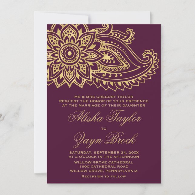Invitación Boda formal Gold Indian Paisley (Anverso)