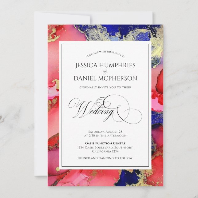 Invitación Boda formal lujoso Red Gold Purple (Anverso)