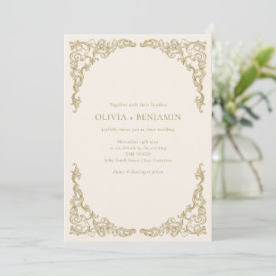Invitación Boda Formal Marfil con Adornos Dorados