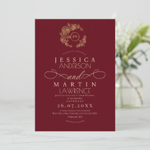 Invitación Boda Formal Minimalista Rojo Dorado